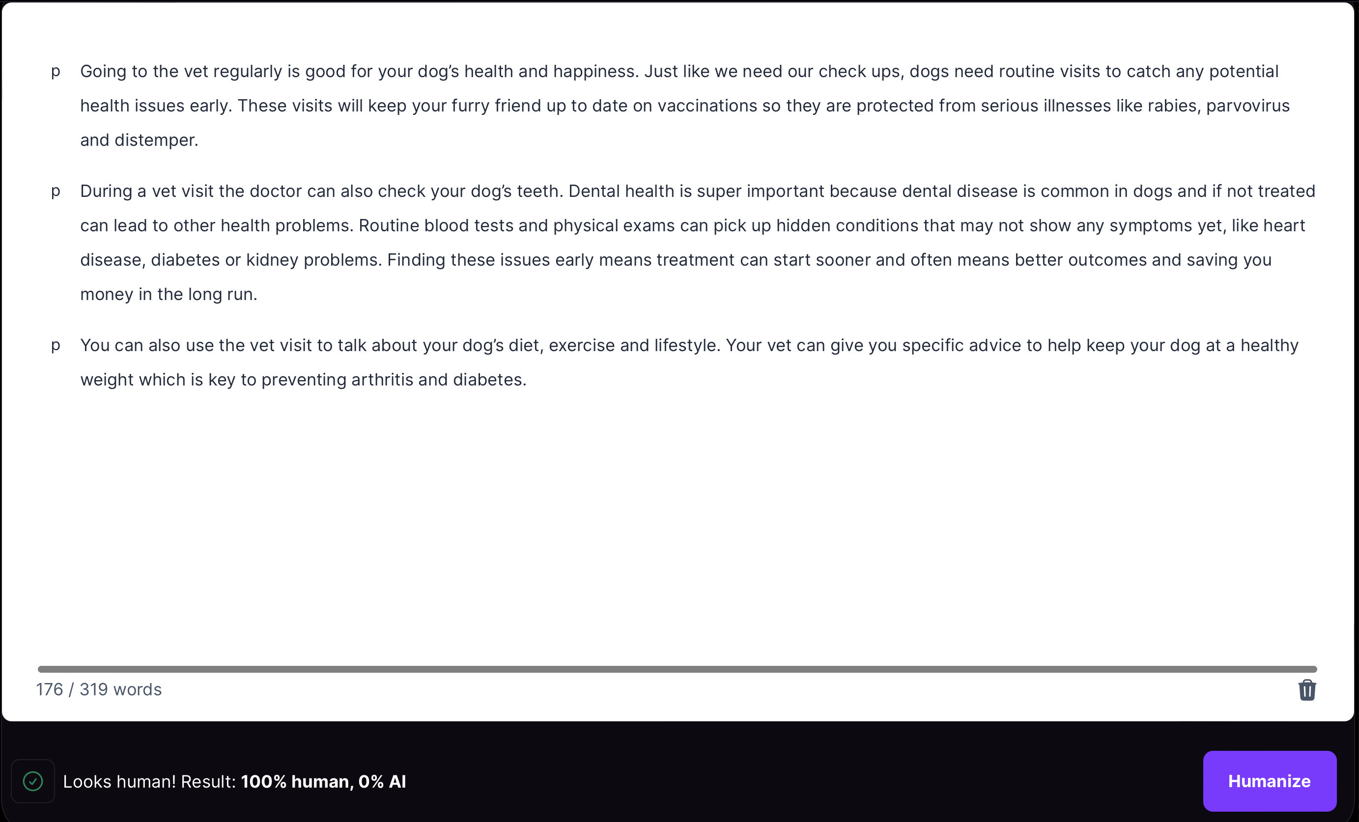 Surfer AI Detector showing 100% human-written text.