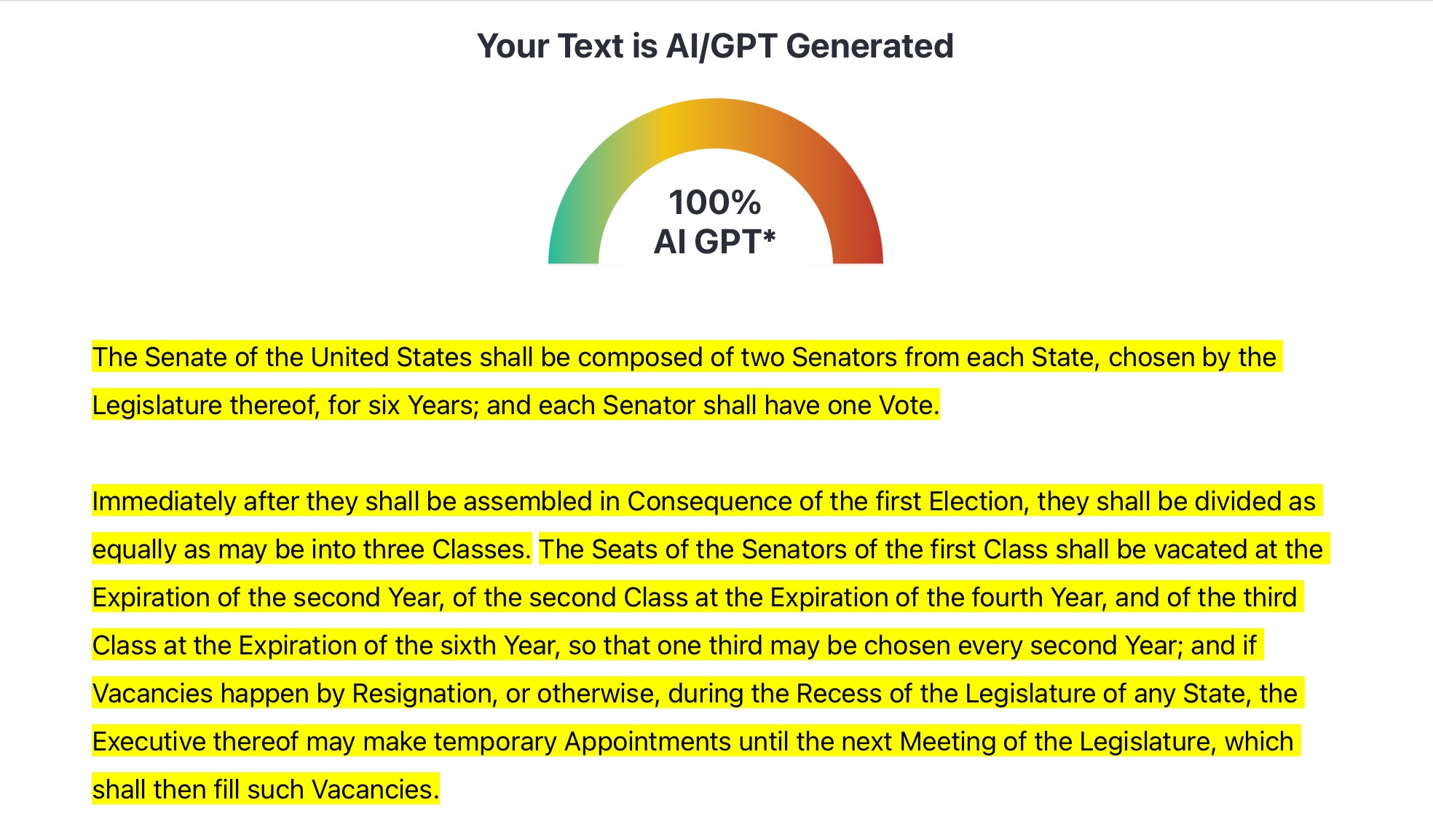 ZeroGPT flagging the US Constitution as 100% AI-created.