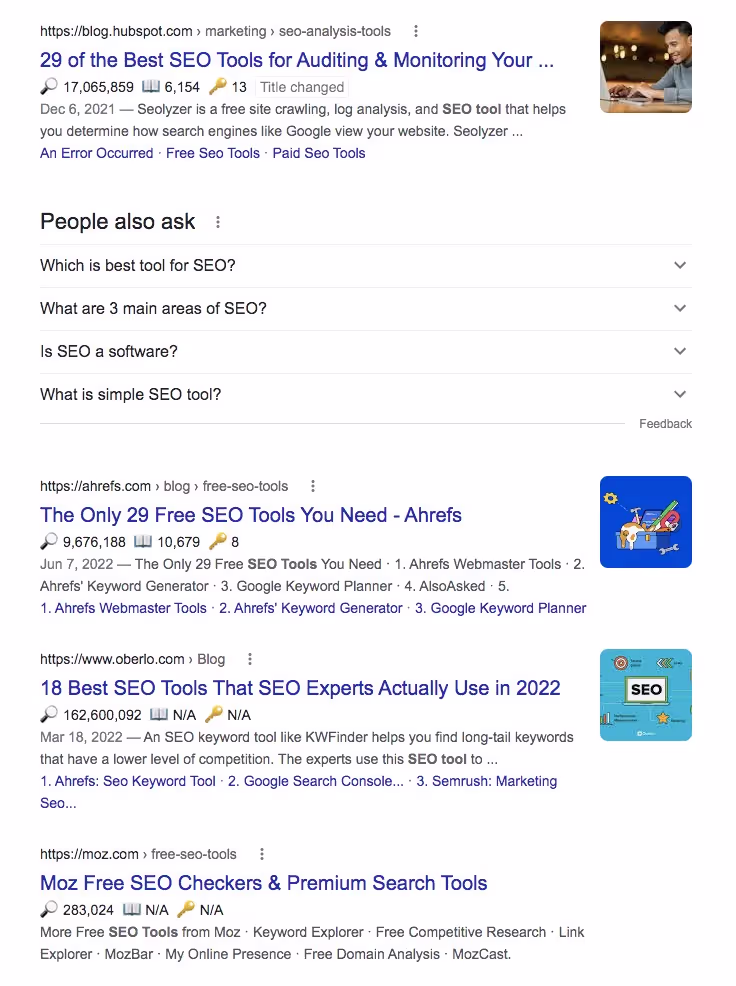 SERP  “SEO tools” in Google search