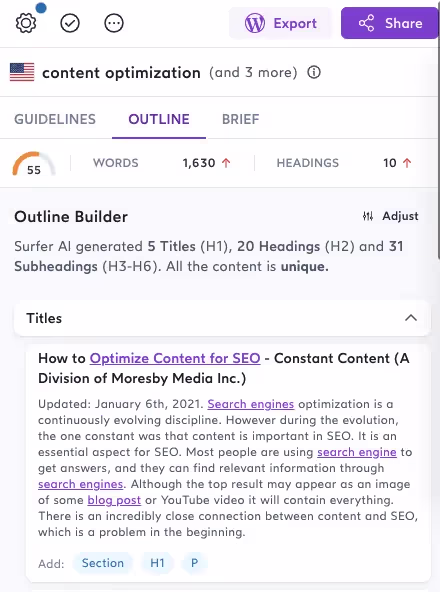 Surfer content editor outline generator for phase "content optimization"