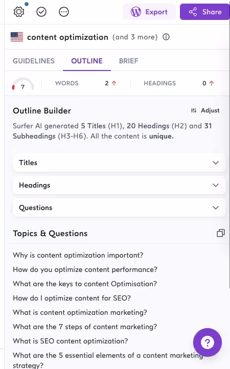 Surfer content editor terms to use for phase "content optimization"