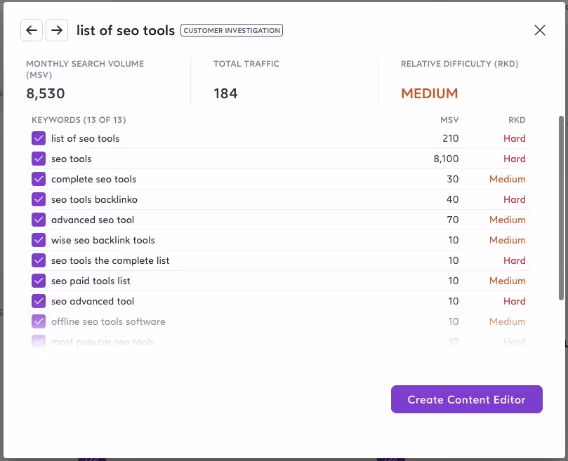 Surfer Content Planner for “list of SEO tool,”