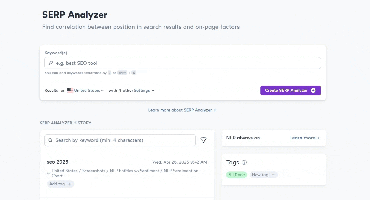 GIF of Surfer's SERP analyzer helping you see which websites are ranking for your target keywords.