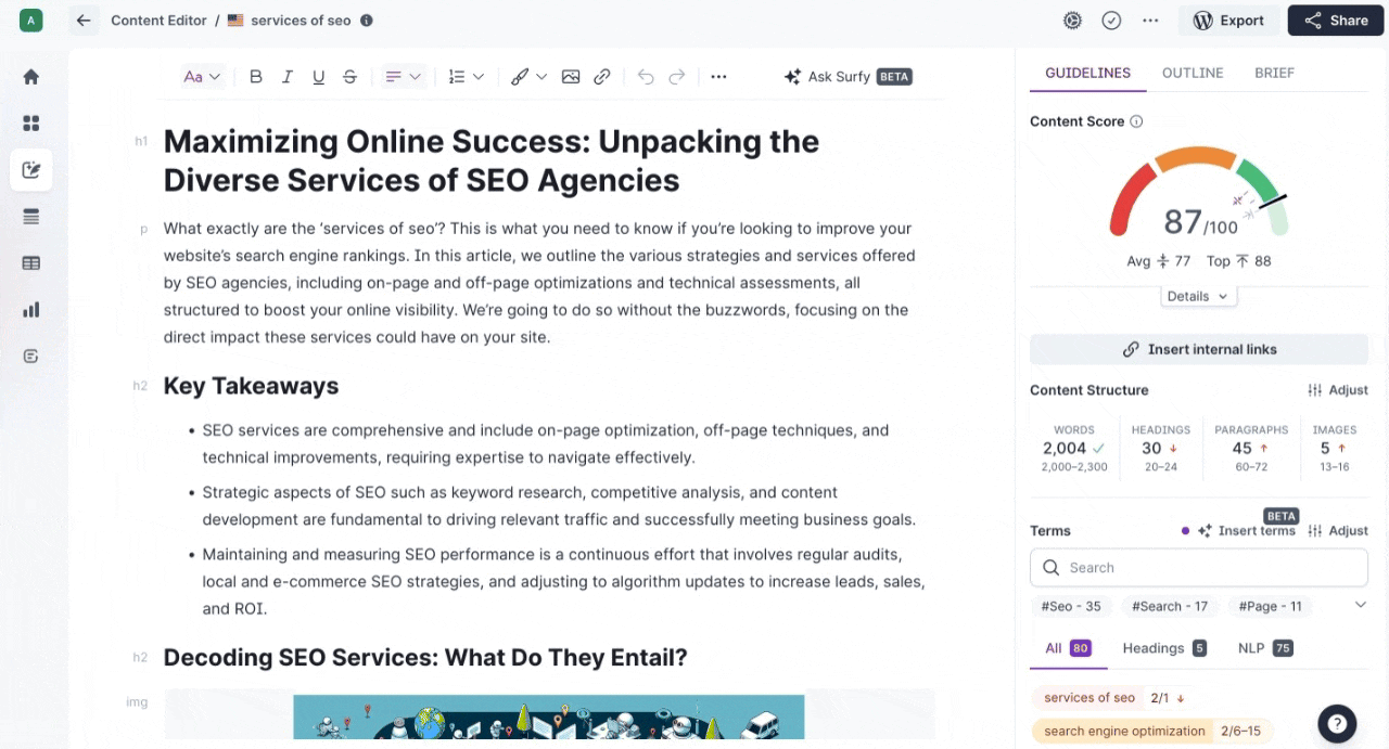 GIF showing Surfer's internal linking tool automatically suggesting internal linking opportunities.