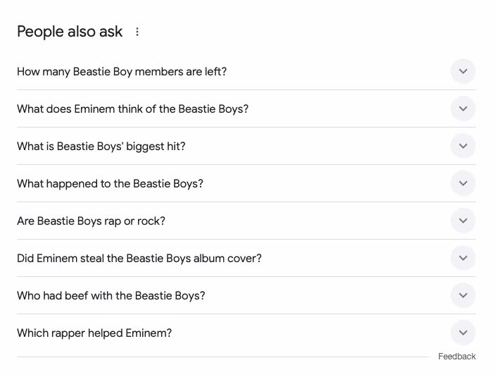 The "People also ask" section on search results can aid in entity identification.