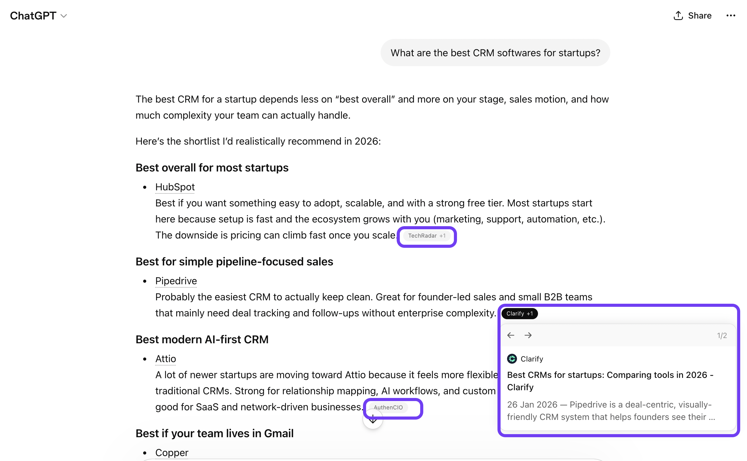 ChatGPT response citing CRM sources