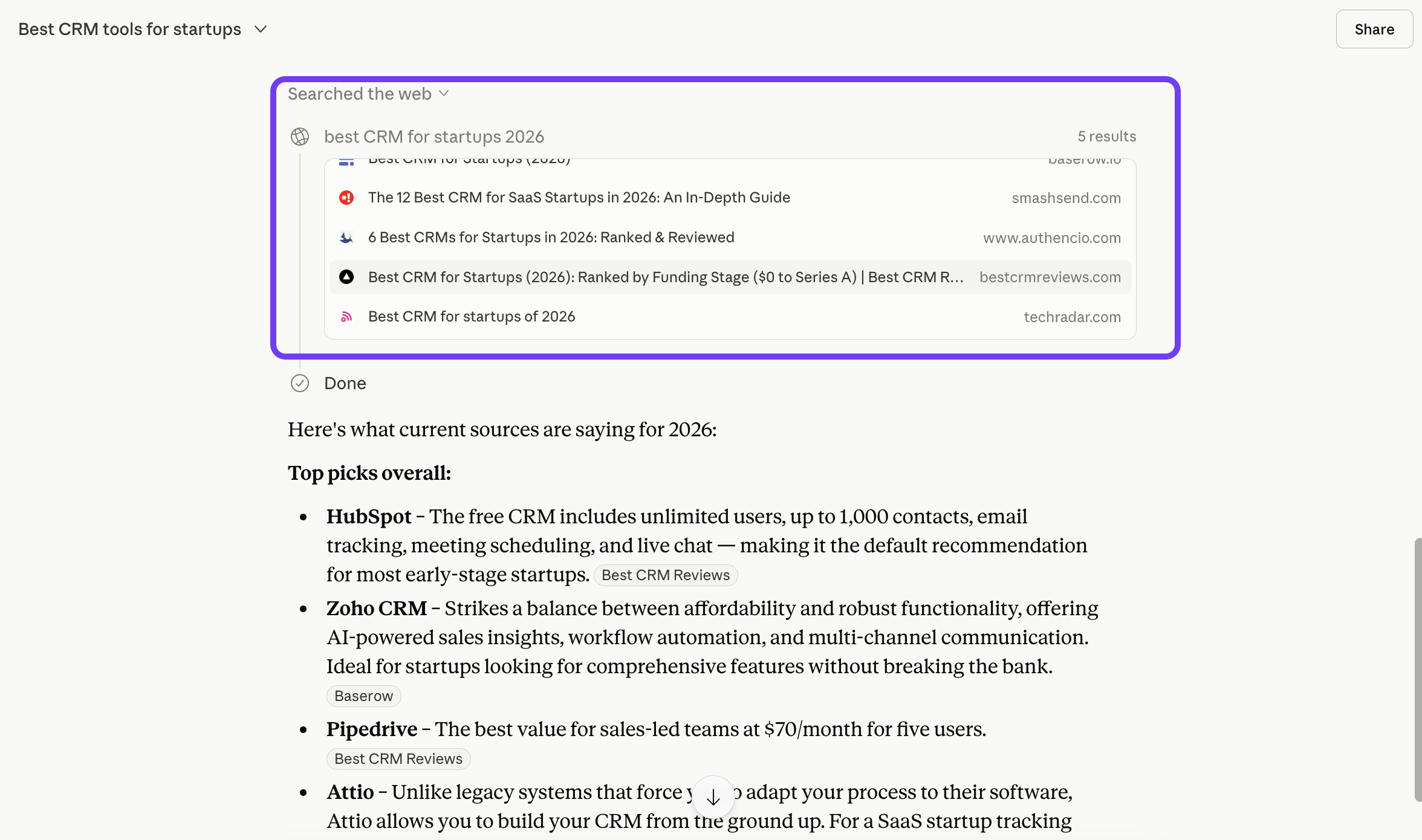 Claude response citing different CRM sources