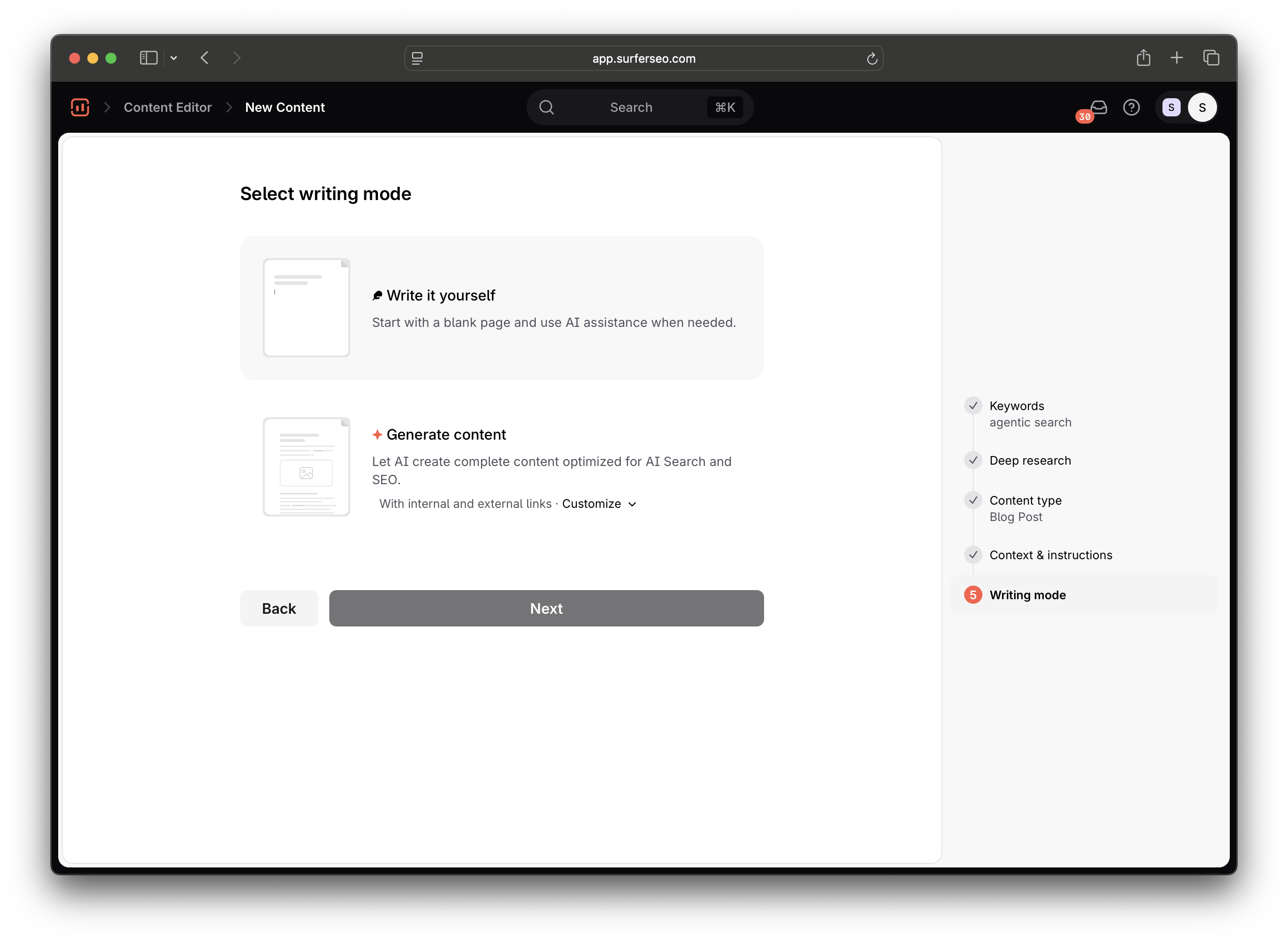 Surfer content editor selecting writing mode