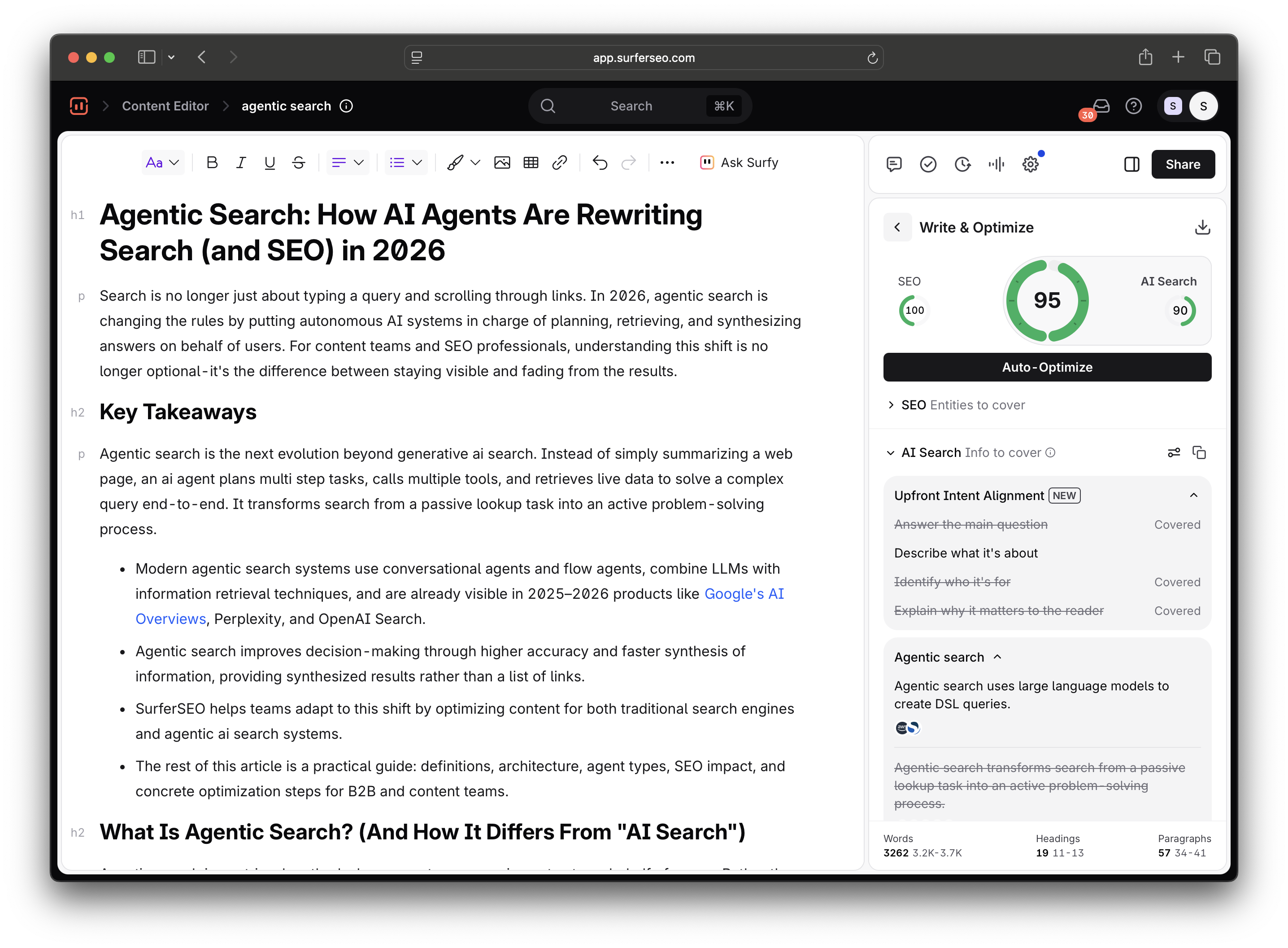 Surfer Content Editor optimization guidelines with Upfront Intent Alignment check