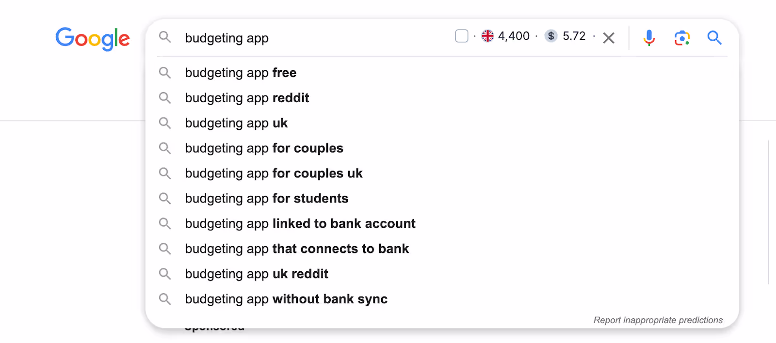 Example topics for budgeting app - keyword gap analysis