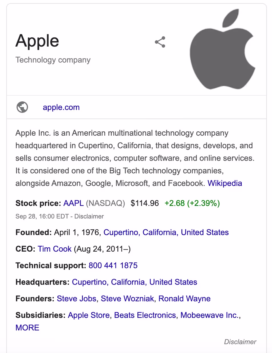 knowledge box for apple brand in google search