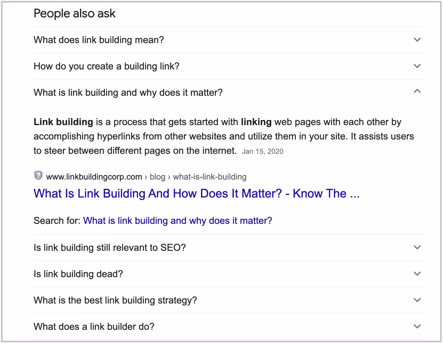 people also ask box in search results for link building keyword