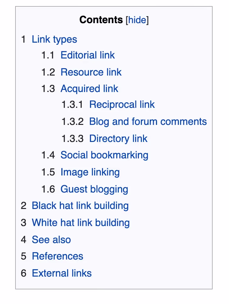 table of content for link building on wikipedia