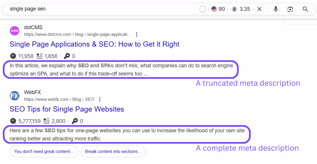 A screenshot showing both complete and truncated meta descriptions.