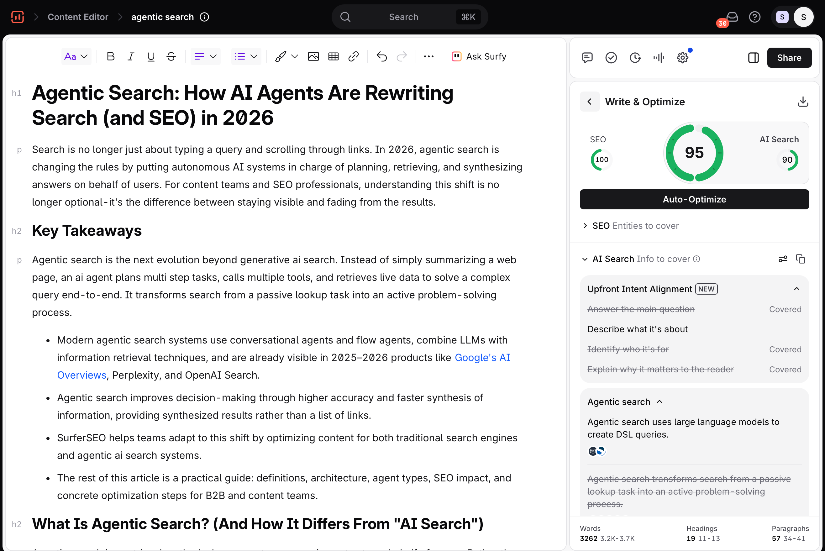 Surfer Content Editor with a Content Score of 95, SEO 100 and AI Search 90