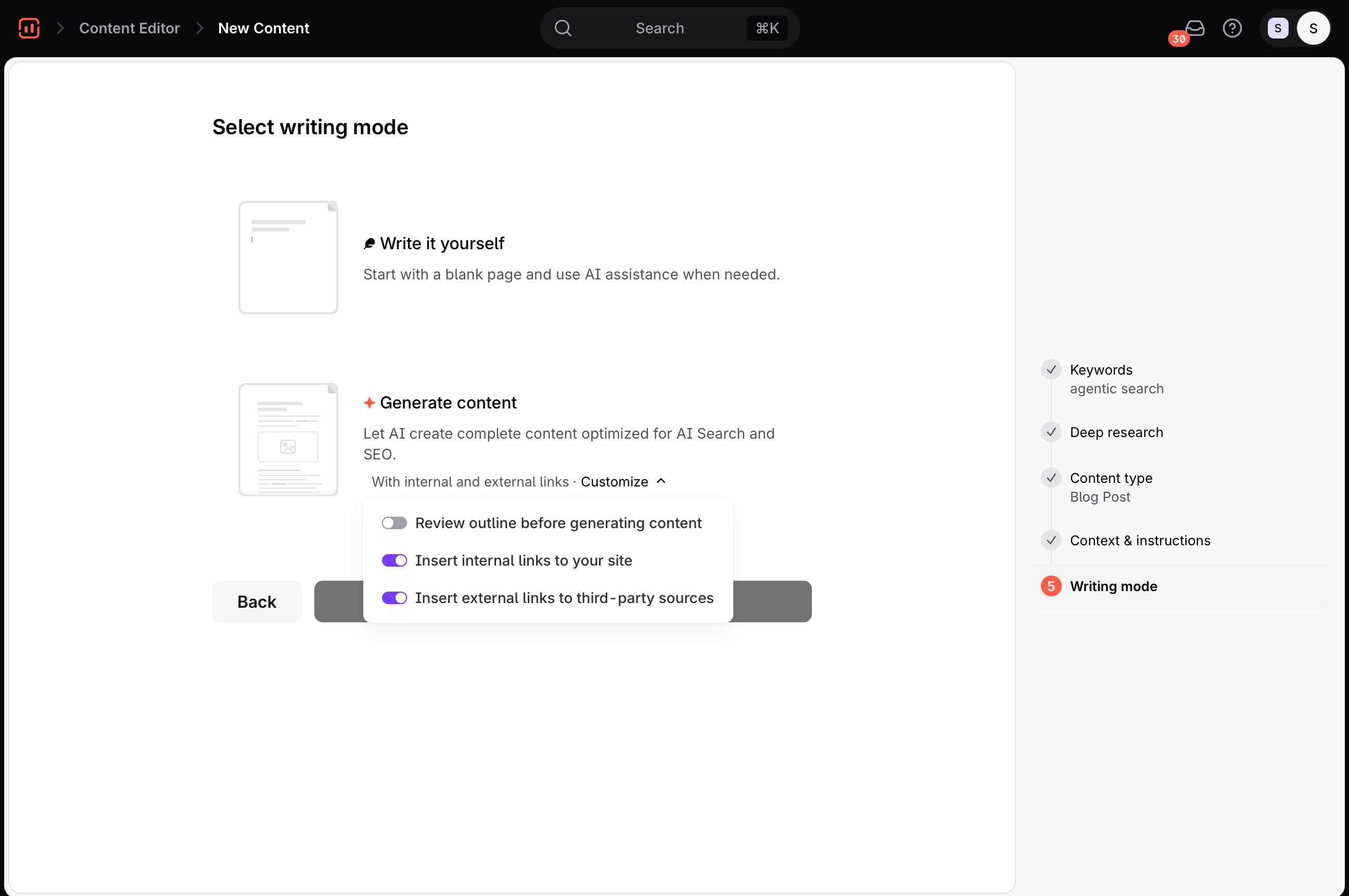 Surfer Content Editor writing mode step with the Generate content option