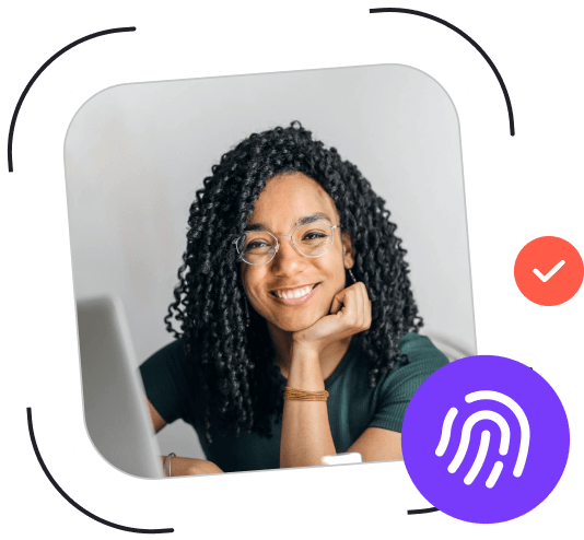 Graphic featuring Surfer's Plagiarism Checker tool with a call to action 'Create with confidence'. It shows an image of a smiling woman inside a computer screen icon, indicating a user-friendly interface for teams, writers, and experts to avoid Google penalties.