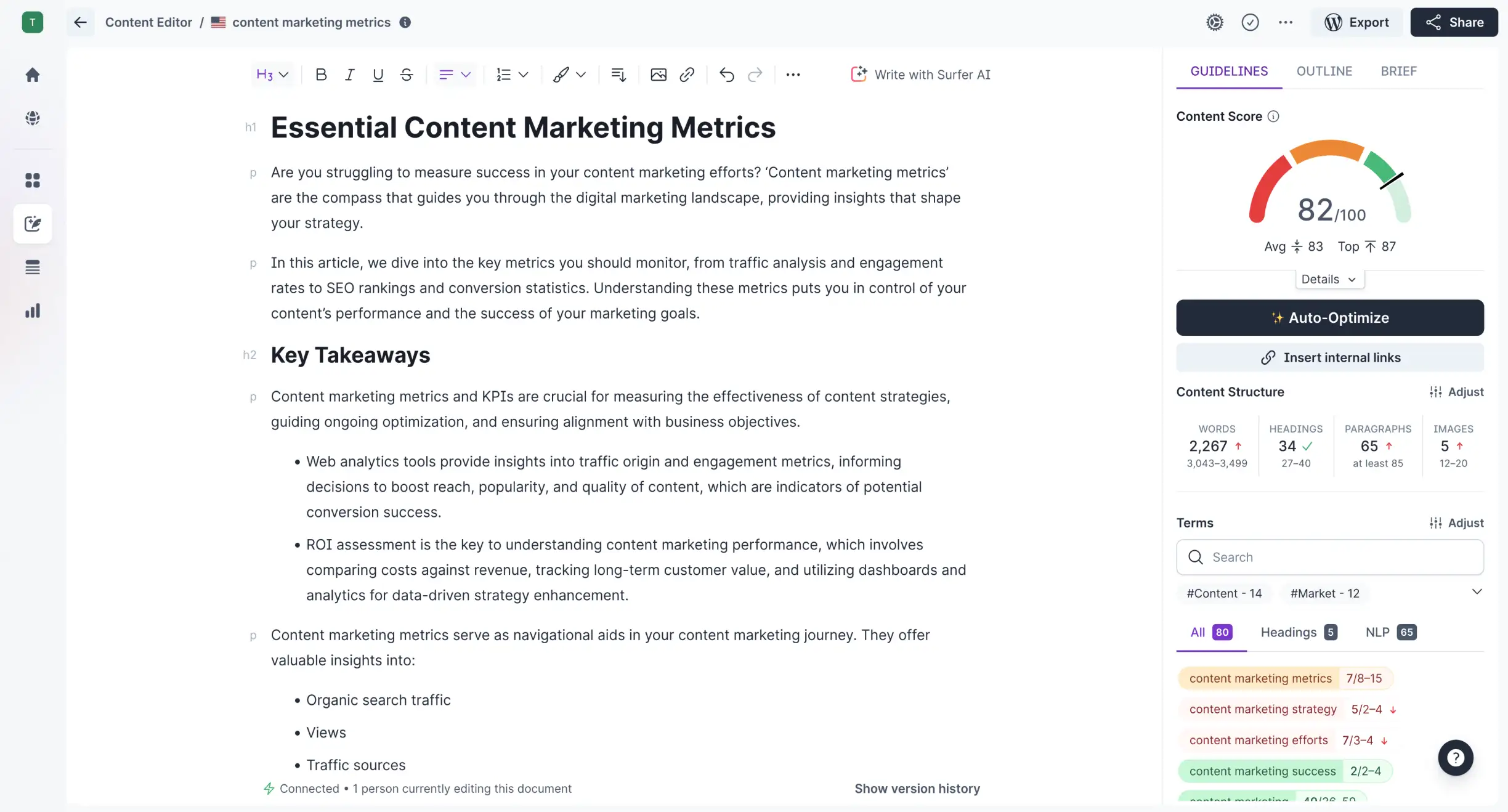 Screenshot of Surfer SEO Content Editor interface, displaying the 'Essential Content Marketing Metrics' article with a content score of 82/100. The editor highlights sections like 'Key Takeaways' and offers SEO suggestions for terms such as 'content marketing metrics